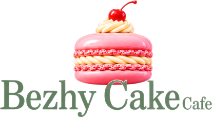 Bezhy Cake Cafe — pink macaron with cream and a cherry above the wordmark.